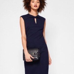 NWOT Ted Baker London Kezzia Midi Dress Form Fitting Keyhole Bow Neck Navy Sz 6